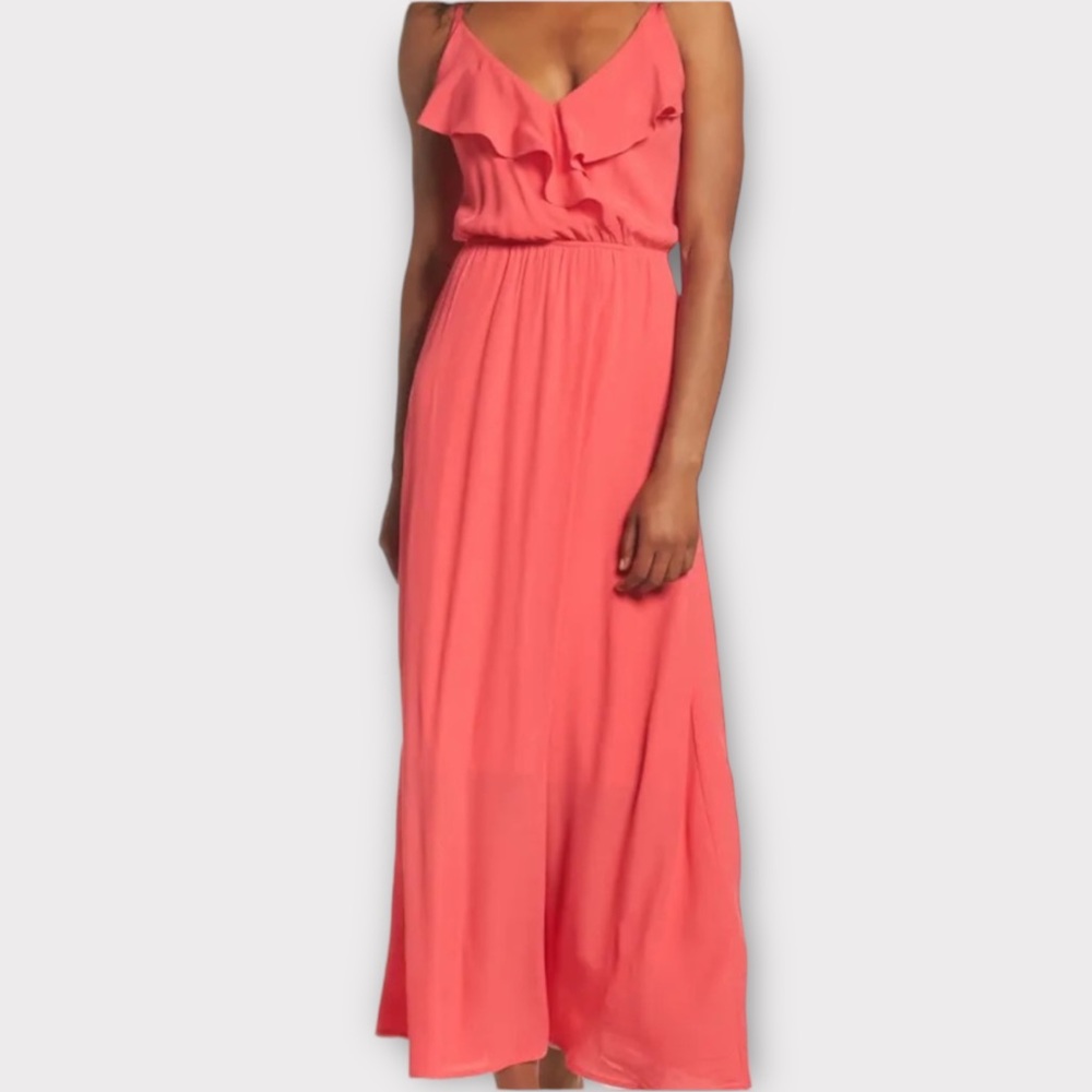 Fraiche By J Women’s Dress Small Maxi Blouson Ruffle Neckline Coral Flowy NWT